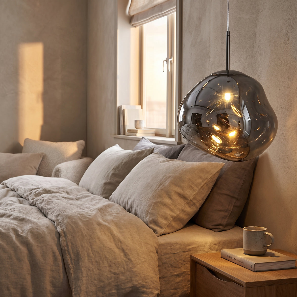 Lave smoke grey molten metal pendant beside a bed