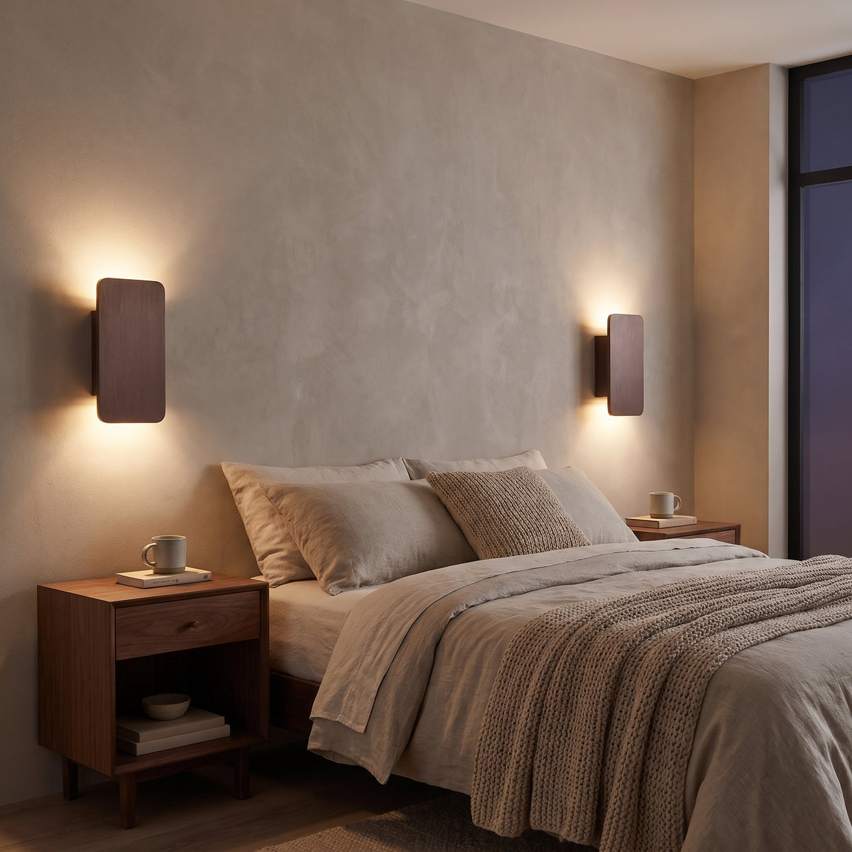 Quadra coffee LED wall sconces on either side of a bed