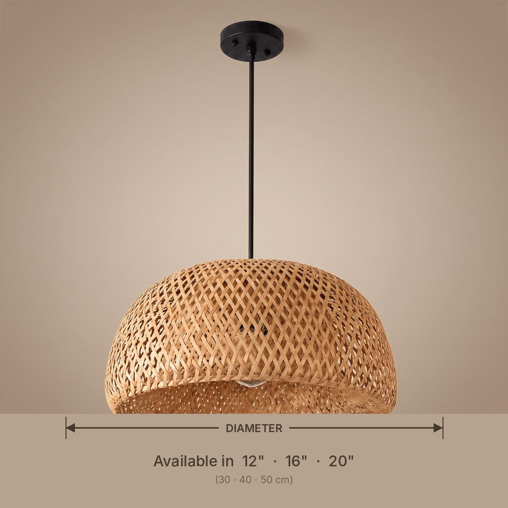 Bamboo dome pendant lamp shade dimensions and available diameters in inches