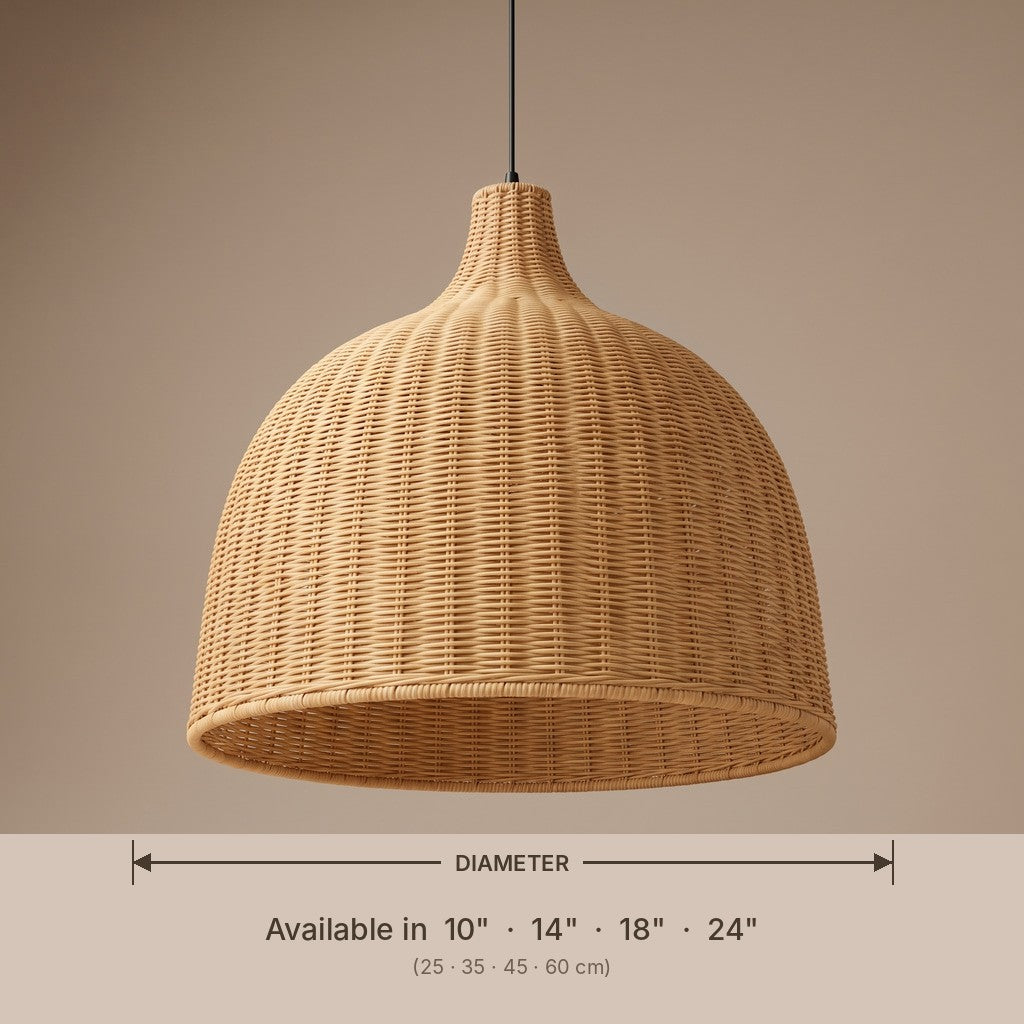 Wicker bell pendant lamp shade dimensions and available diameters in inches