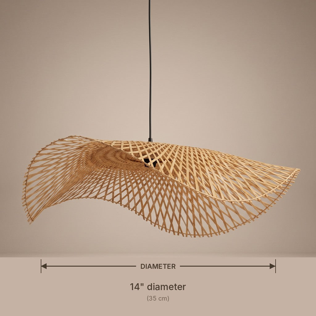 Bamboo cone pendant lamp shade dimensions and available diameters in inches