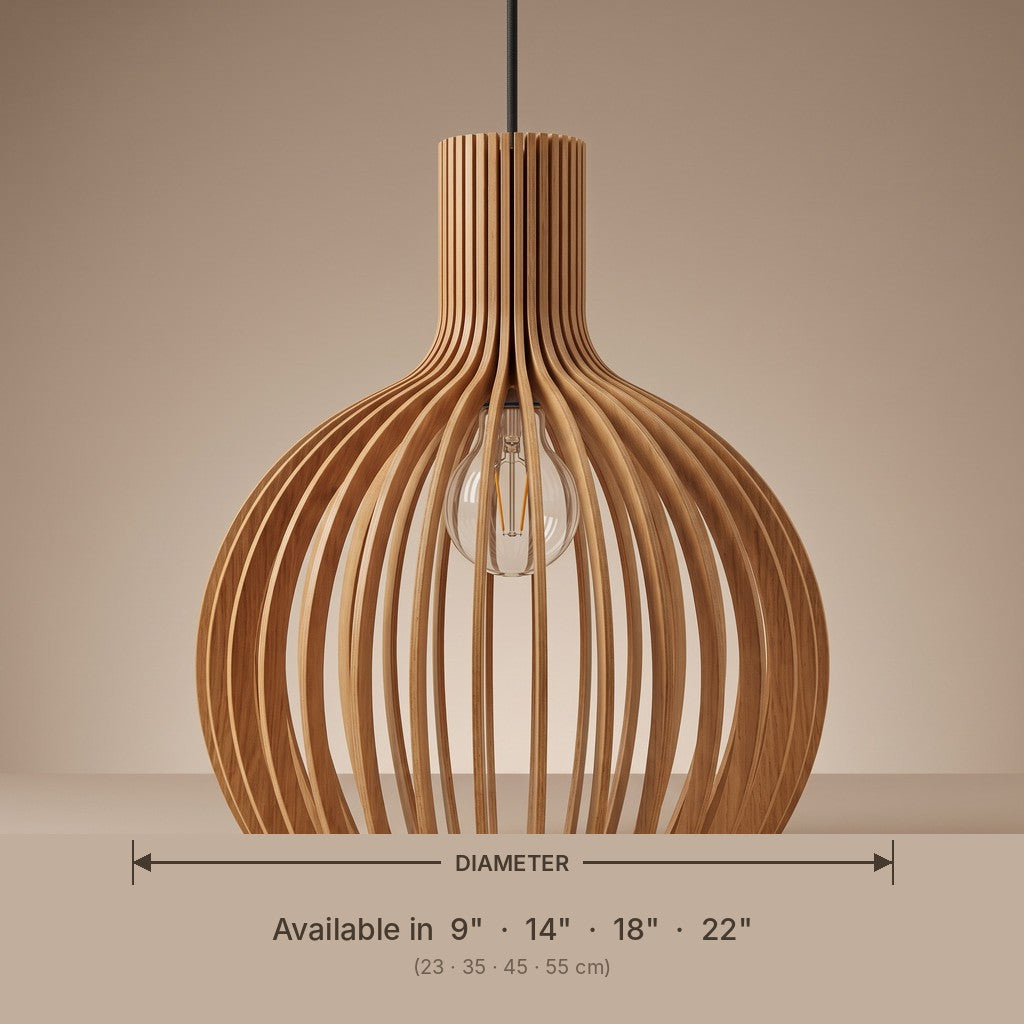 Wooden slat cage pendant lamp shade dimensions and available diameters in inches