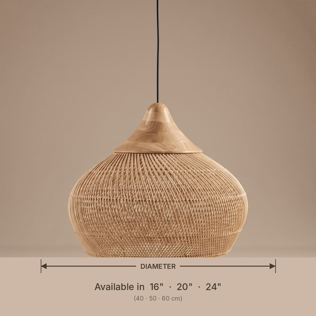 Wicker gourd pendant lamp shade dimensions and available diameters in inches