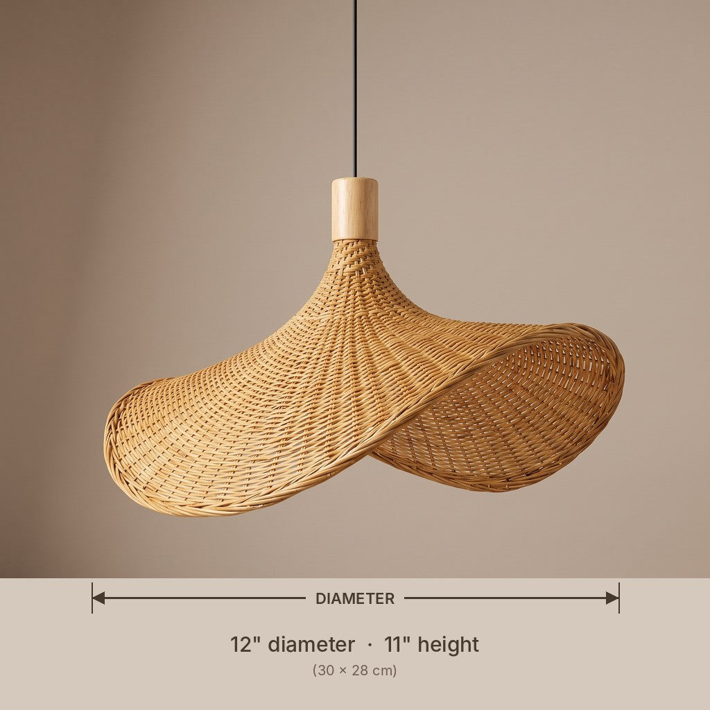 Asymmetric wicker pendant lamp shade dimensions and available diameters in inches