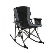Alpine Retreat portable outdoor rocking camping chair in black and grey, featuring a high back and integrated cup holder, displayed on a white background.