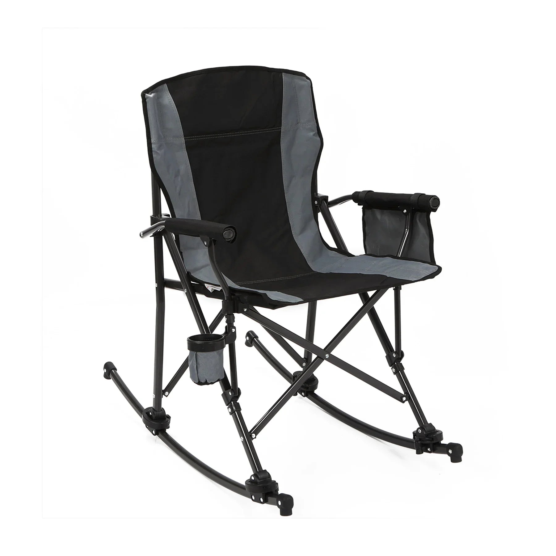Alpine Retreat portable outdoor rocking camping chair in black and grey, featuring a high back and integrated cup holder, displayed on a white background.