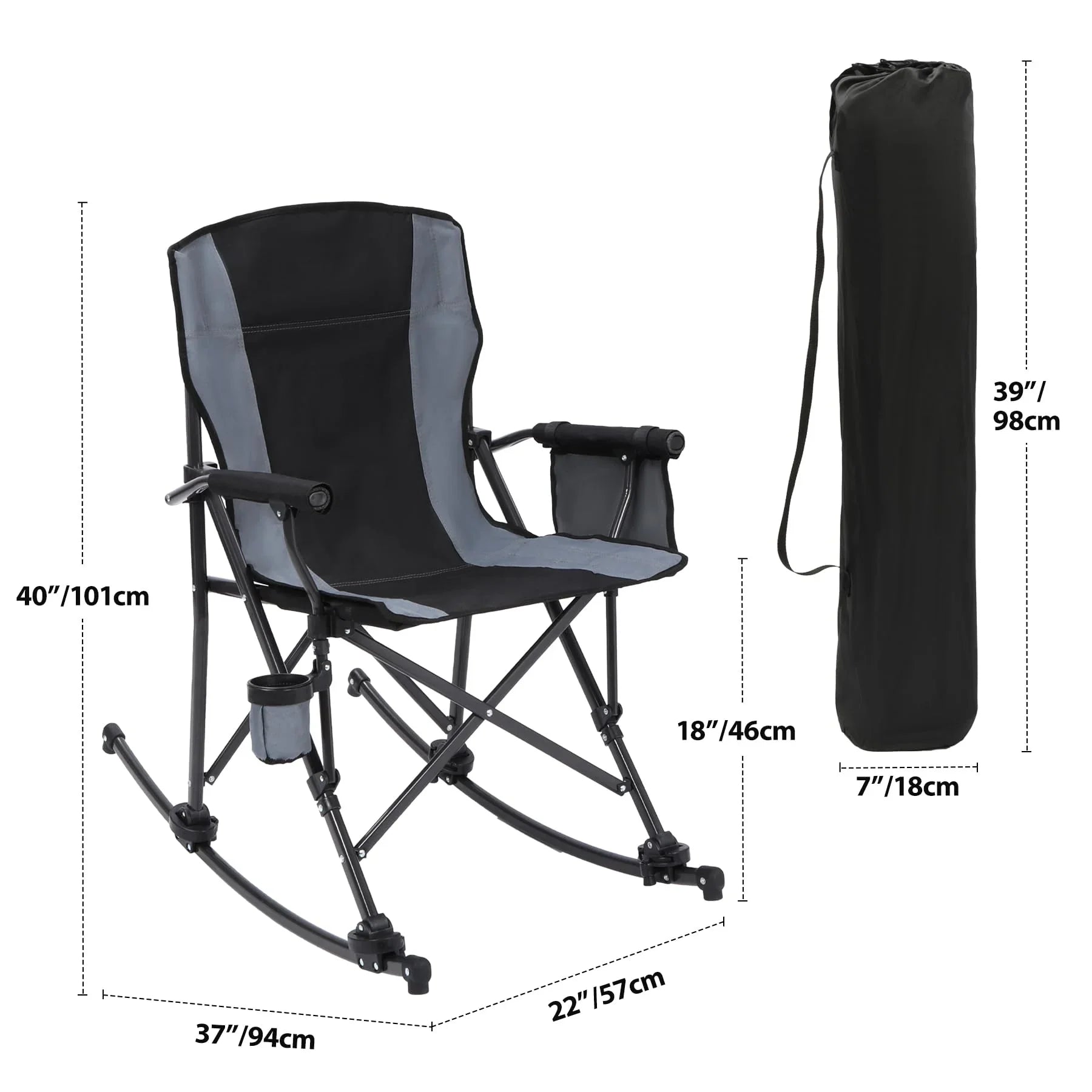 Dimensions of the Alpine Retreat portable outdoor rocking camping chair and its compact carrying bag, showing measurements like 40-inch height for the chair and 39-inch length for the bag.