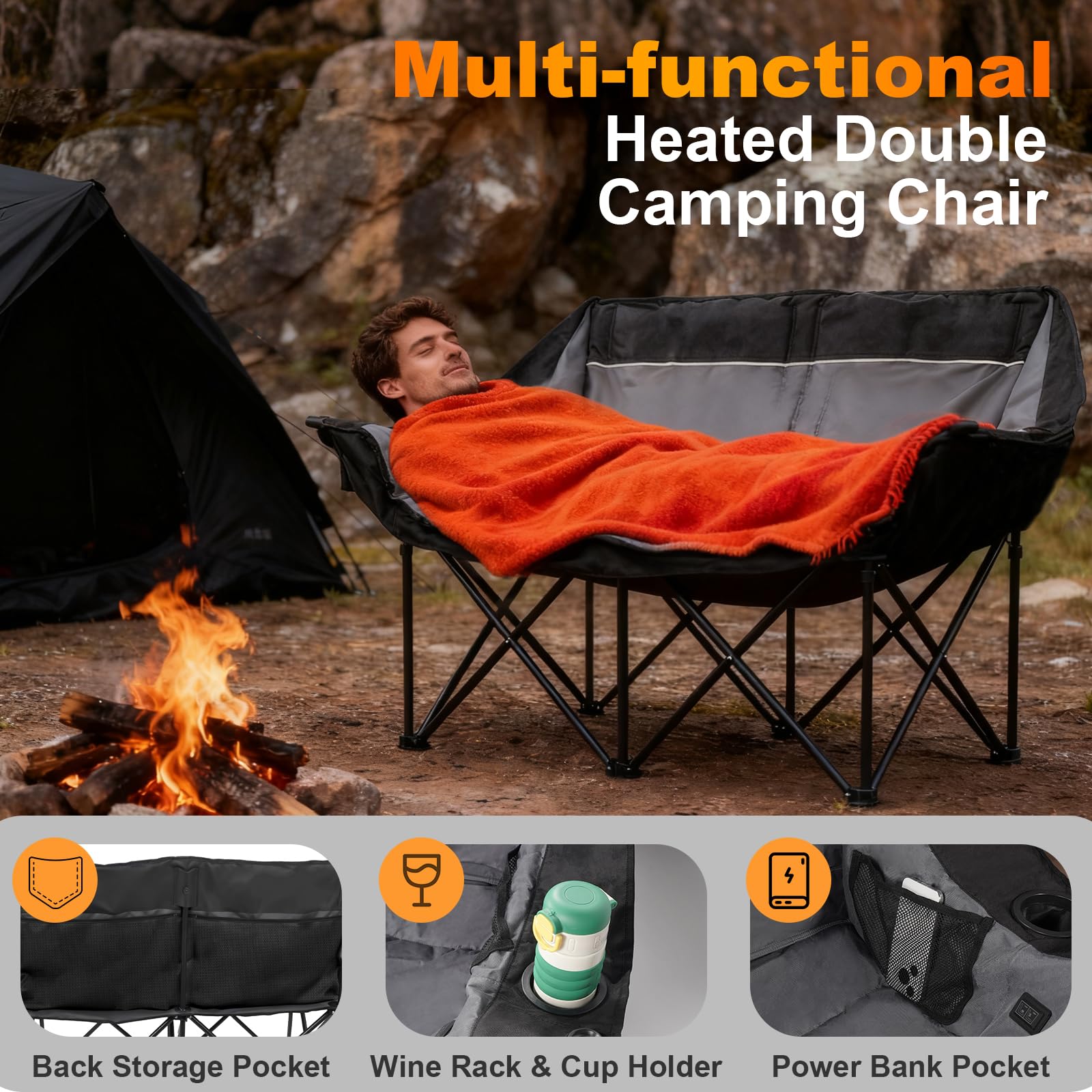 A man relaxing in an Alpine Retreat heated camping chair next to a campfire and tent, showcasing the chair's features like back storage pockets, a wine rack, cup holder, and power bank pocket.