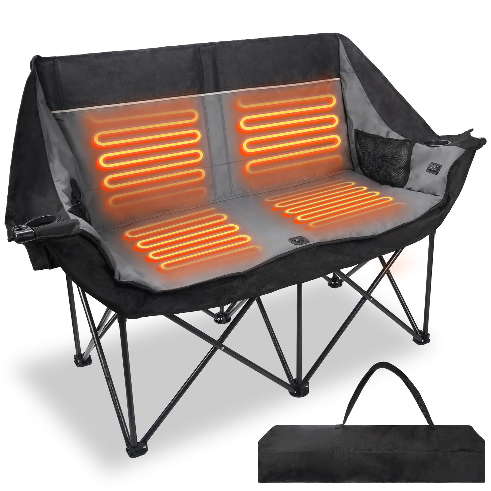 A black Alpine Retreat heated camping chair with glowing orange heating elements visible on the seat and backrest, indicating its heating zones. A compact black carrying bag is shown next to the chair.