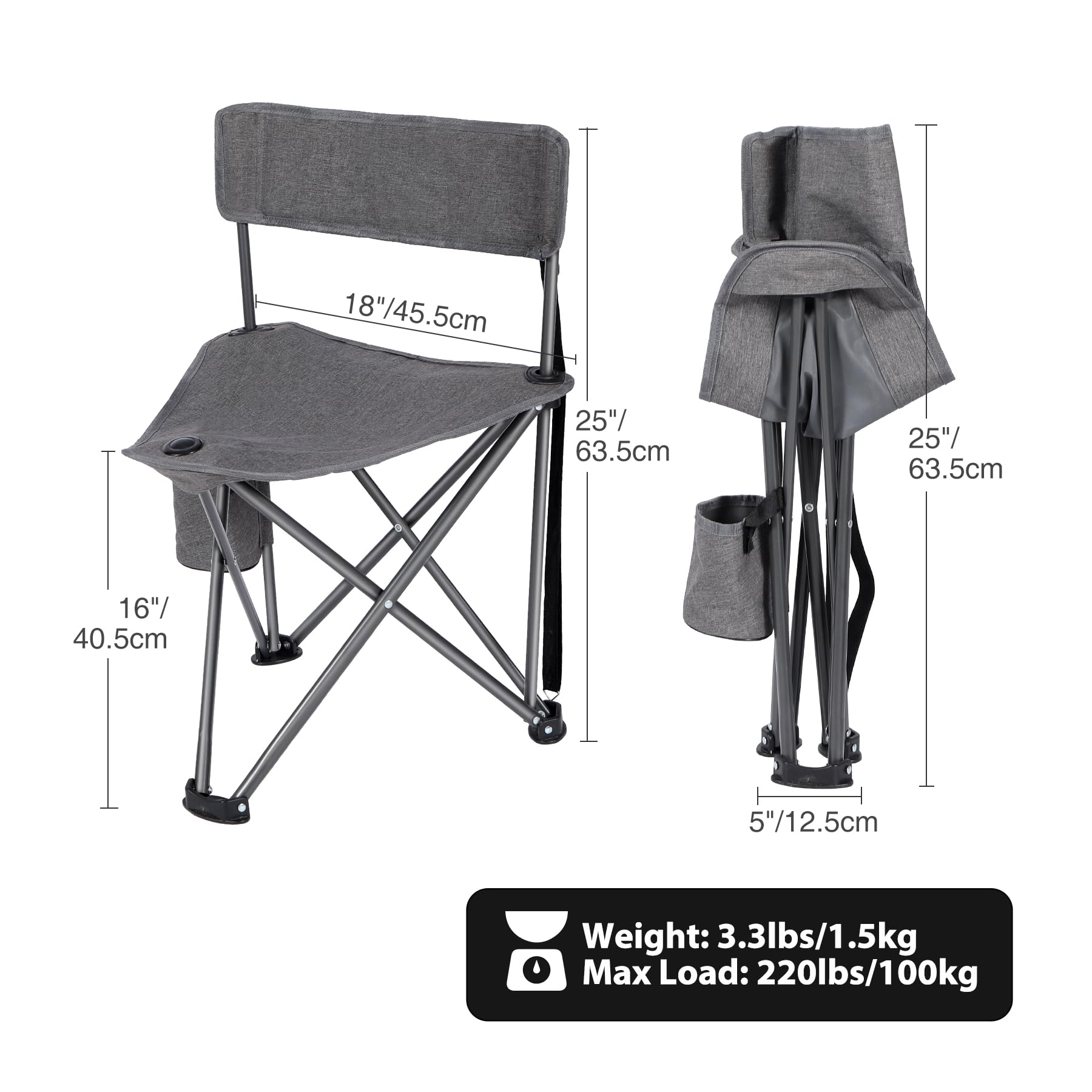 Alpine Retreat lightweight camping chair showing unfolded dimensions 18-inch, 25-inch, 16-inch, folded dimensions 25-inch, 5-inch, weight 3.3lbs, and max load 220lbs.