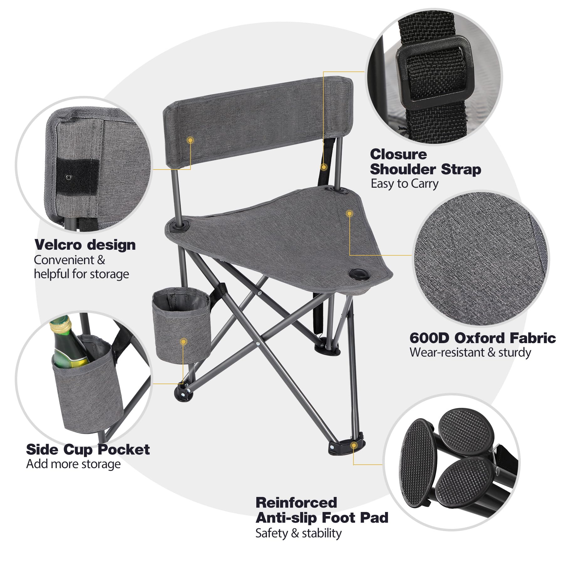 Alpine Retreat lightweight camping chair highlighting features: Velcro design, closure shoulder strap, 600D Oxford fabric, side cup pocket, and reinforced anti-slip foot pad.