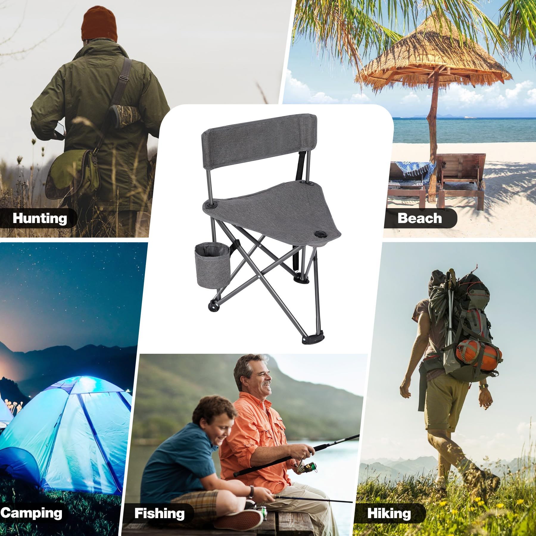 Collage showcasing the Alpine Retreat lightweight camping chair in the center, surrounded by scenes of outdoor activities like hunting, beach, camping, fishing, and hiking.