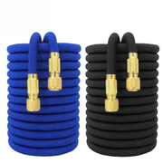 Two AquaFlex high pressure garden hoses, one blue and one black, coiled upright to showcase the available color variants and their brass connectors.