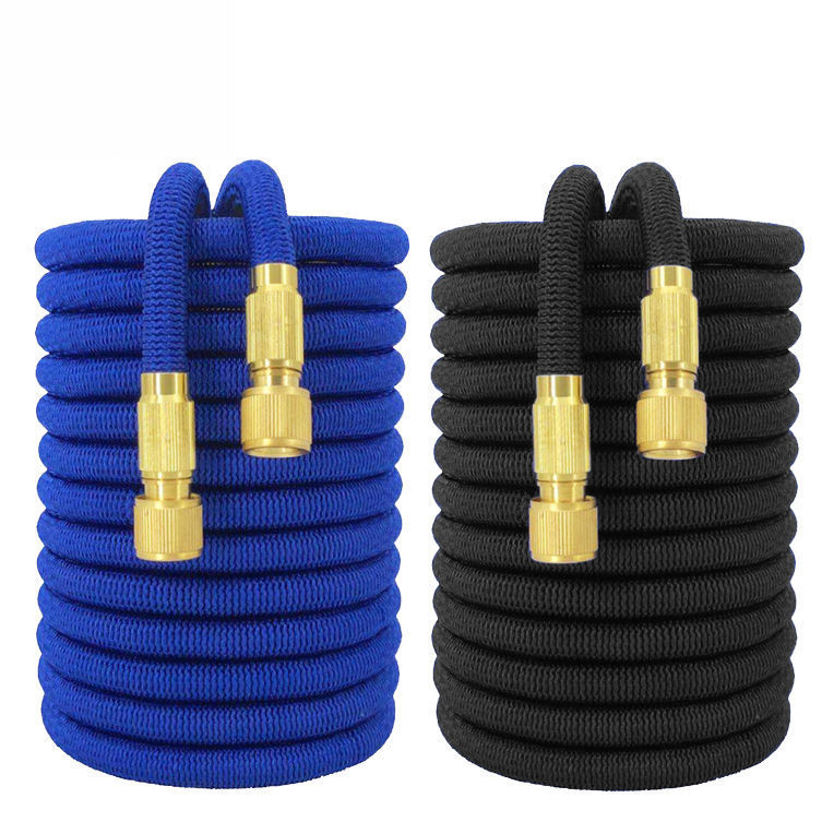 Two AquaFlex high pressure garden hoses, one blue and one black, coiled upright to showcase the available color variants and their brass connectors.