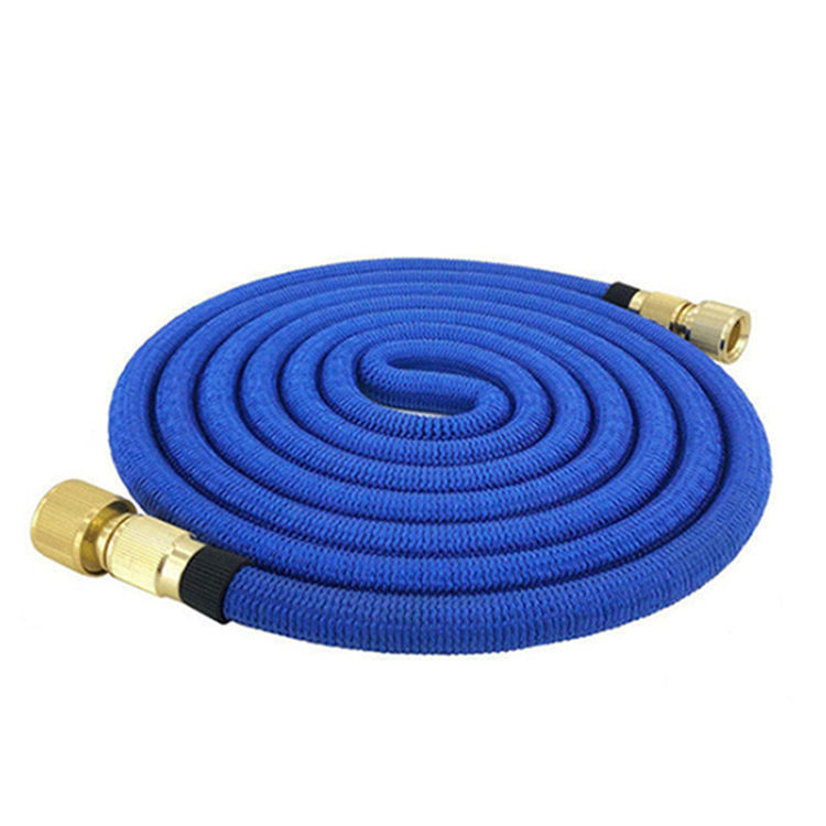 An AquaFlex high pressure garden hose in blue, coiled in a spiral with brass connectors, presented from an angled view.