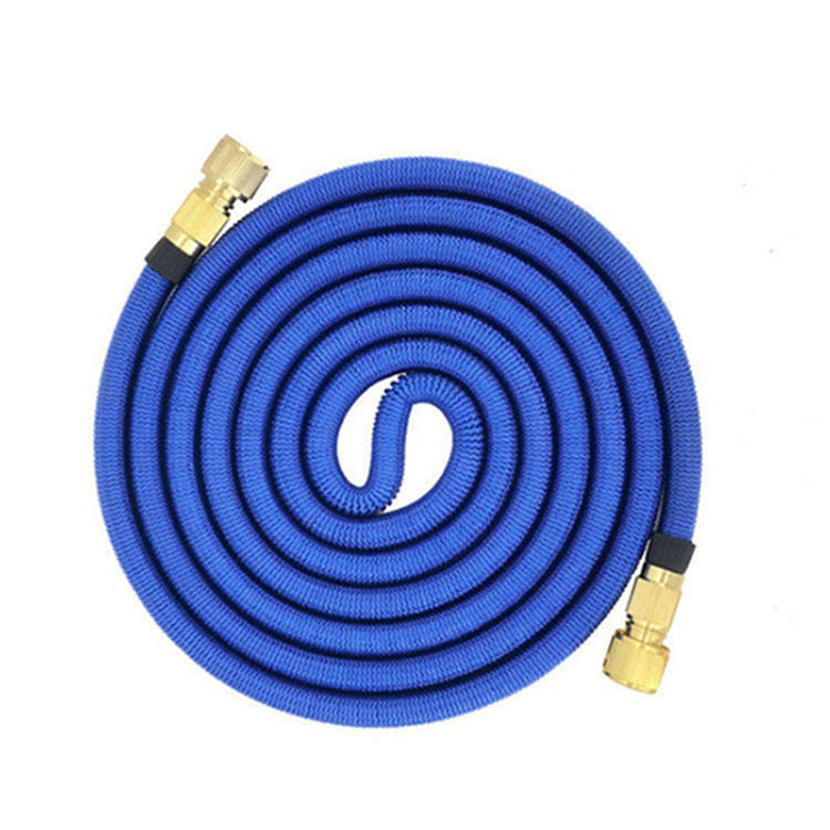 A blue AquaFlex high pressure garden hose coiled neatly in a spiral, showcasing its compact design and brass connectors.