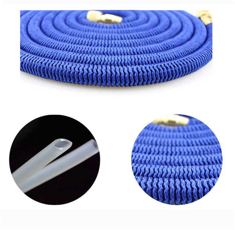 Detailed close-up views of the AquaFlex high pressure garden hose, showing its durable blue textured outer layer and a cross-section of its inner tube.