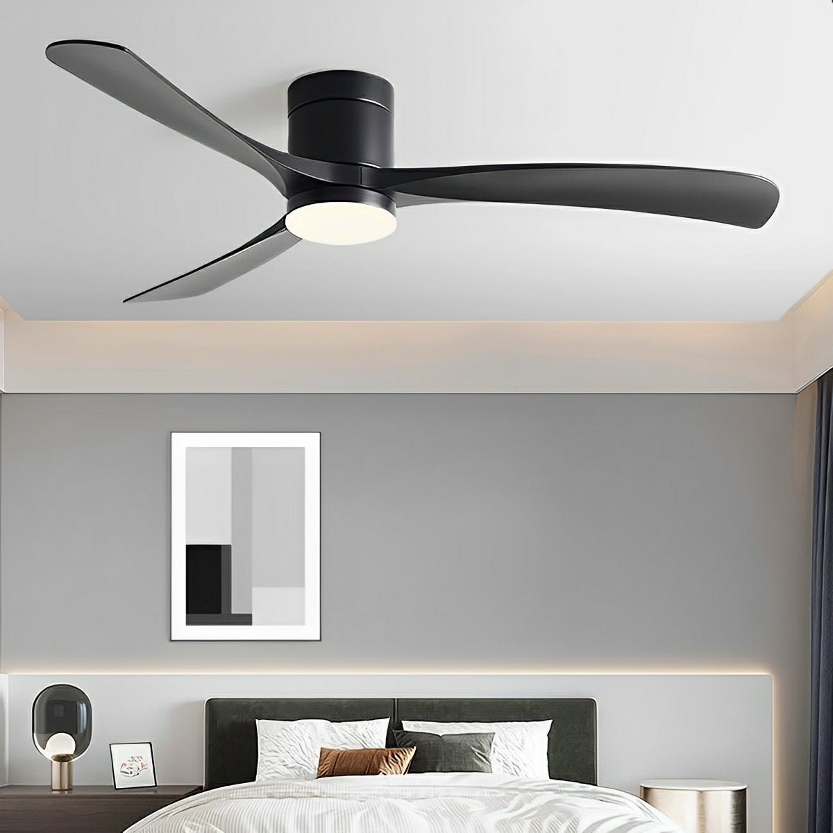 Arden Modern 6-Speed Reverse DC Ceiling Fan Copper with PMMA Light Finish, black 3-blade ceiling fan with integrated light, installed in a modern bedroom with a grey wall and bed.