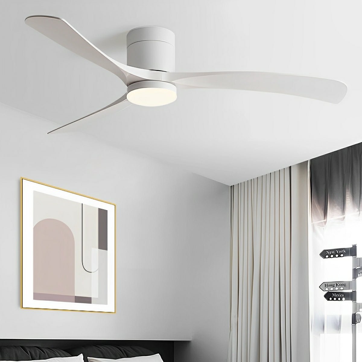 Arden Modern 6-Speed Reverse DC Ceiling Fan Copper with PMMA Light Finish, white 3-blade ceiling fan with integrated light, installed in a modern room with white curtains.