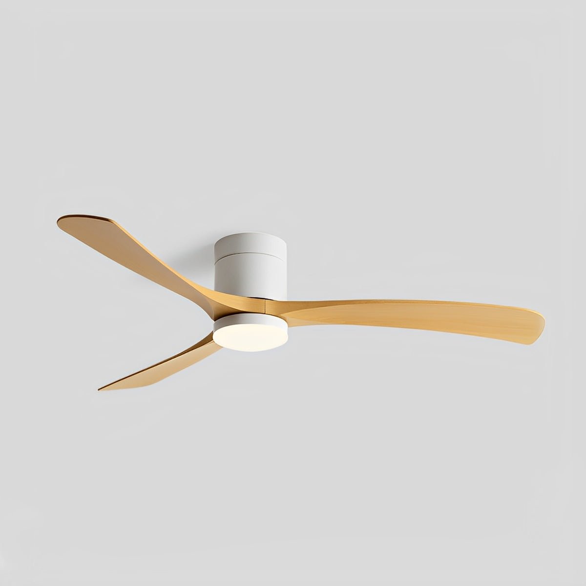 Arden Modern 6-Speed Reverse DC Ceiling Fan Copper with PMMA Light Finish, white ceiling fan with three wood tone blades and an integrated light, shown on a plain background.