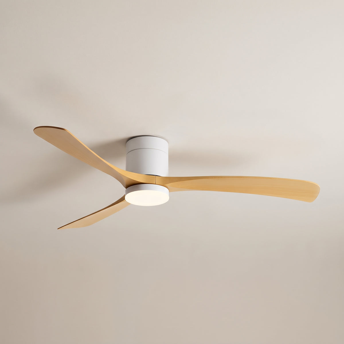 Arden Modern 6-Speed Reverse DC Ceiling Fan Copper with PMMA Light Finish, white ceiling fan with three wood tone blades and an integrated light, shown on a plain background.