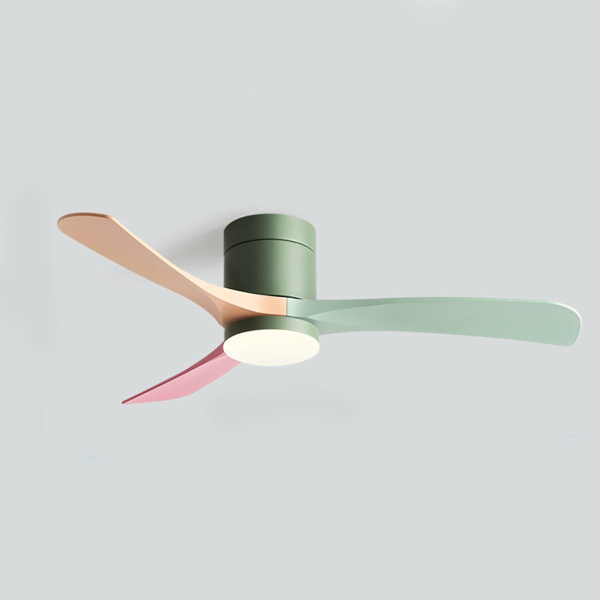 Arden Modern 6-Speed Reverse DC Ceiling Fan in a green-multicolor finish, featuring a green body and three pastel pink and green blades with an integrated PMMA light, against a plain background.