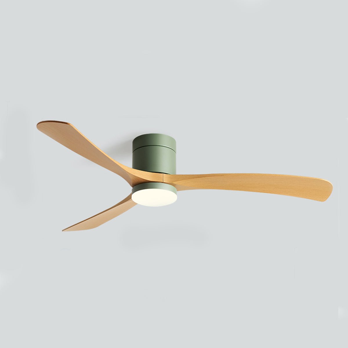 Arden Modern 6-Speed Reverse DC Ceiling Fan in a green wood tone finish, featuring a green body and three light wood-toned blades with an integrated PMMA light, against a plain background.