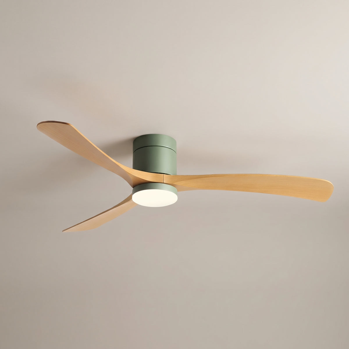 Arden Modern 6-Speed Reverse DC Ceiling Fan in a green wood tone finish, featuring a green body and three light wood-toned blades with an integrated PMMA light, against a plain background.