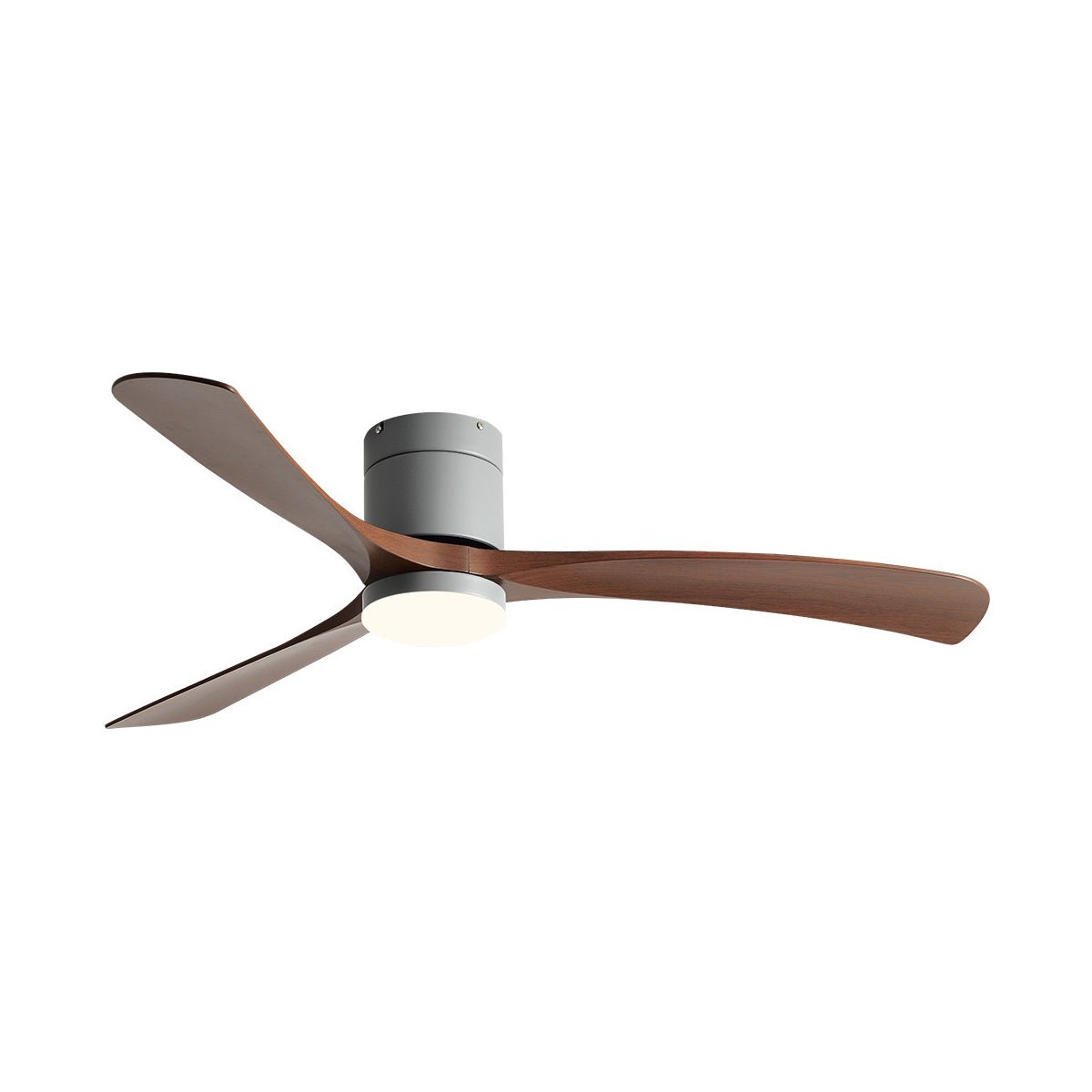 Arden Modern 6-Speed Reverse DC Ceiling Fan featuring three dark wood tone blades a sleek grey central housing a PMMA light. This energy-efficient fan is perfect for modern living spaces.