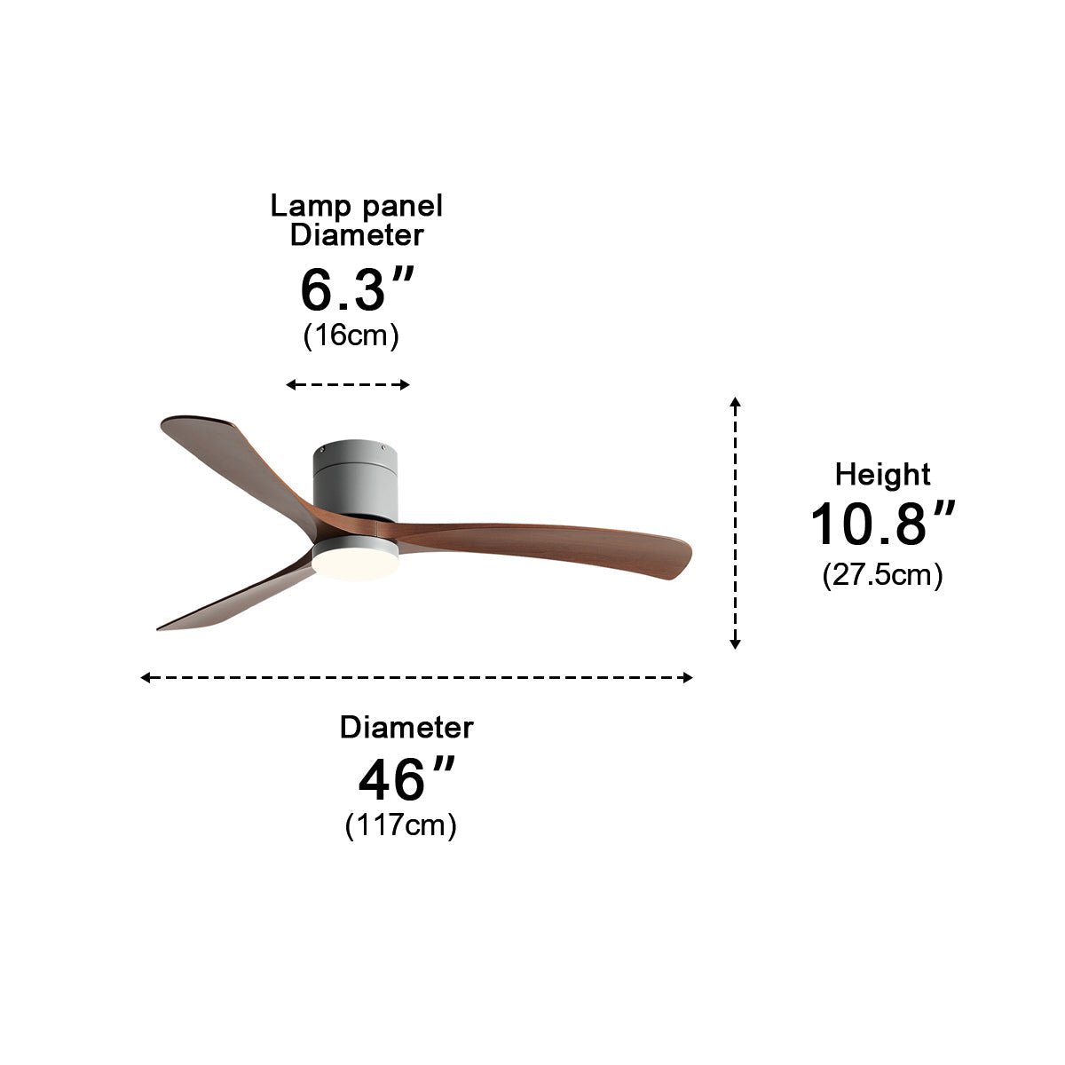 Arden Modern 6-Speed Reverse DC Ceiling Fan dimensions diagram, showing a 46-inch overall diameter, 10.8-inch height, and 6.3-inch lamp panel diameter.