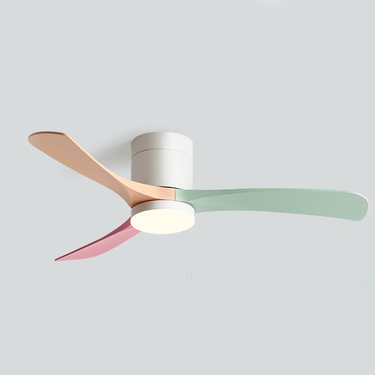 Arden Modern 6-Speed Reverse DC Ceiling Fan with multicolor blades (peach, green, pink) a white housing. This energy-efficient fan features a PMMA light fixture, ideal for a bedroom, living room, or kitchen.