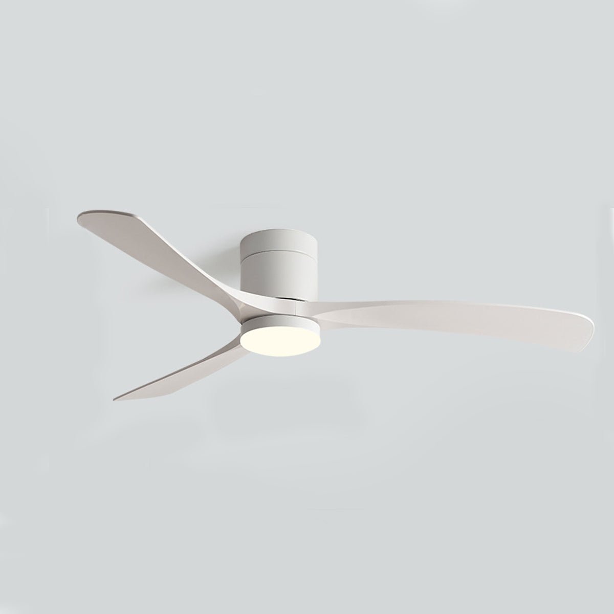 Arden Modern 6-Speed Reverse DC Ceiling Fan in white finish three white blades a white PMMA light fixture. This energy-efficient fan is suitable for modern bedroom, living room, or dining room decor.