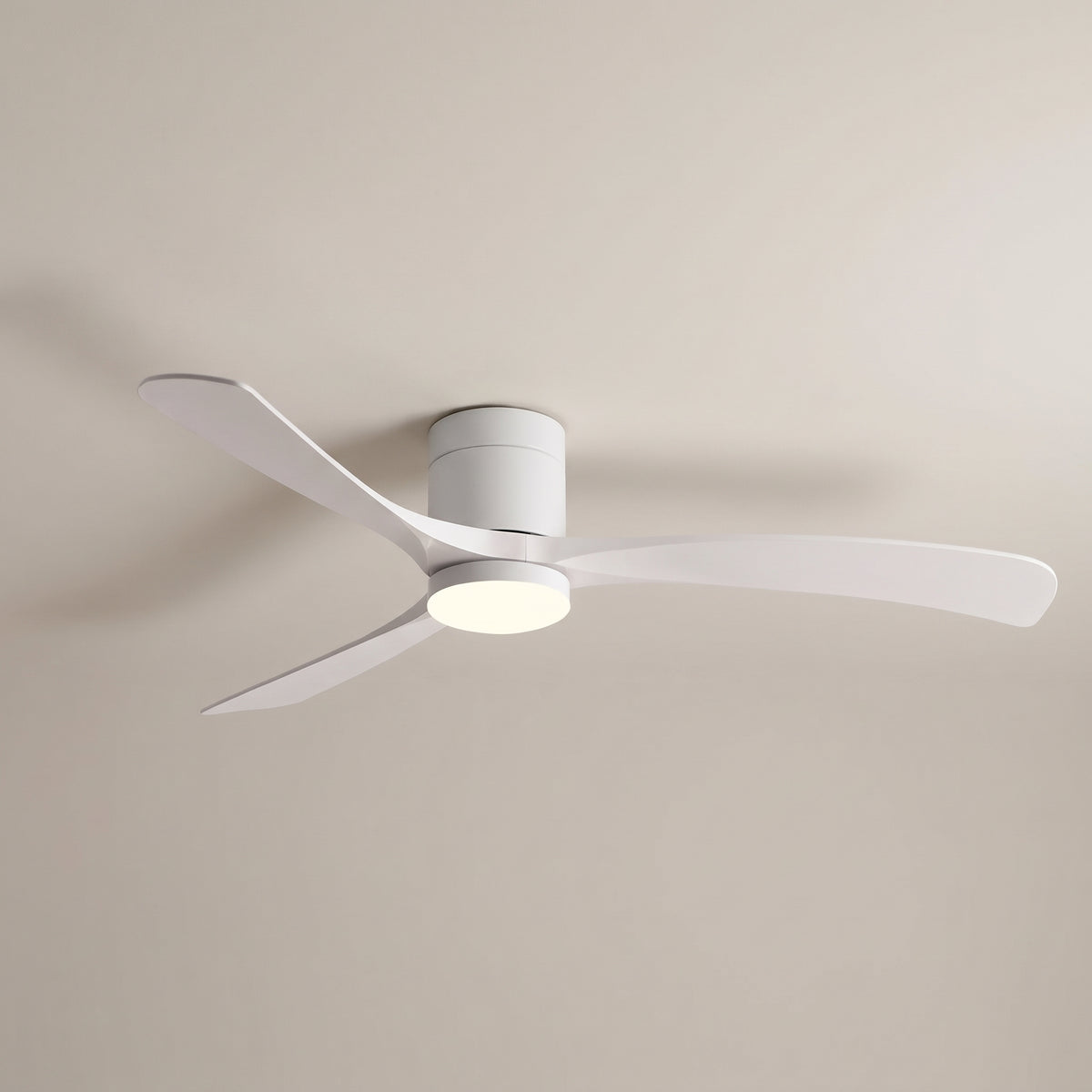 Arden Modern 6-Speed Reverse DC Ceiling Fan in white finish three white blades a white PMMA light fixture. This energy-efficient fan is suitable for modern bedroom, living room, or dining room decor.