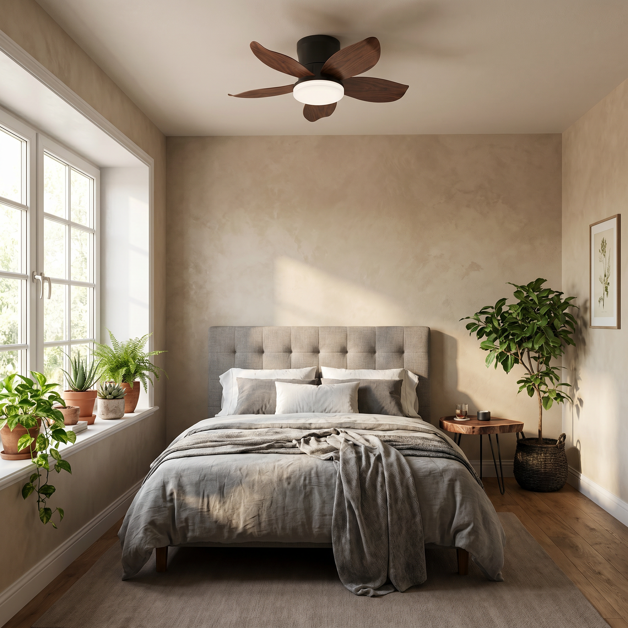 Black ABS 5 blade dimmable LED ceiling fan light eye-level wide angle lifestyle over dining table in 42 inch size with lit brushless motor