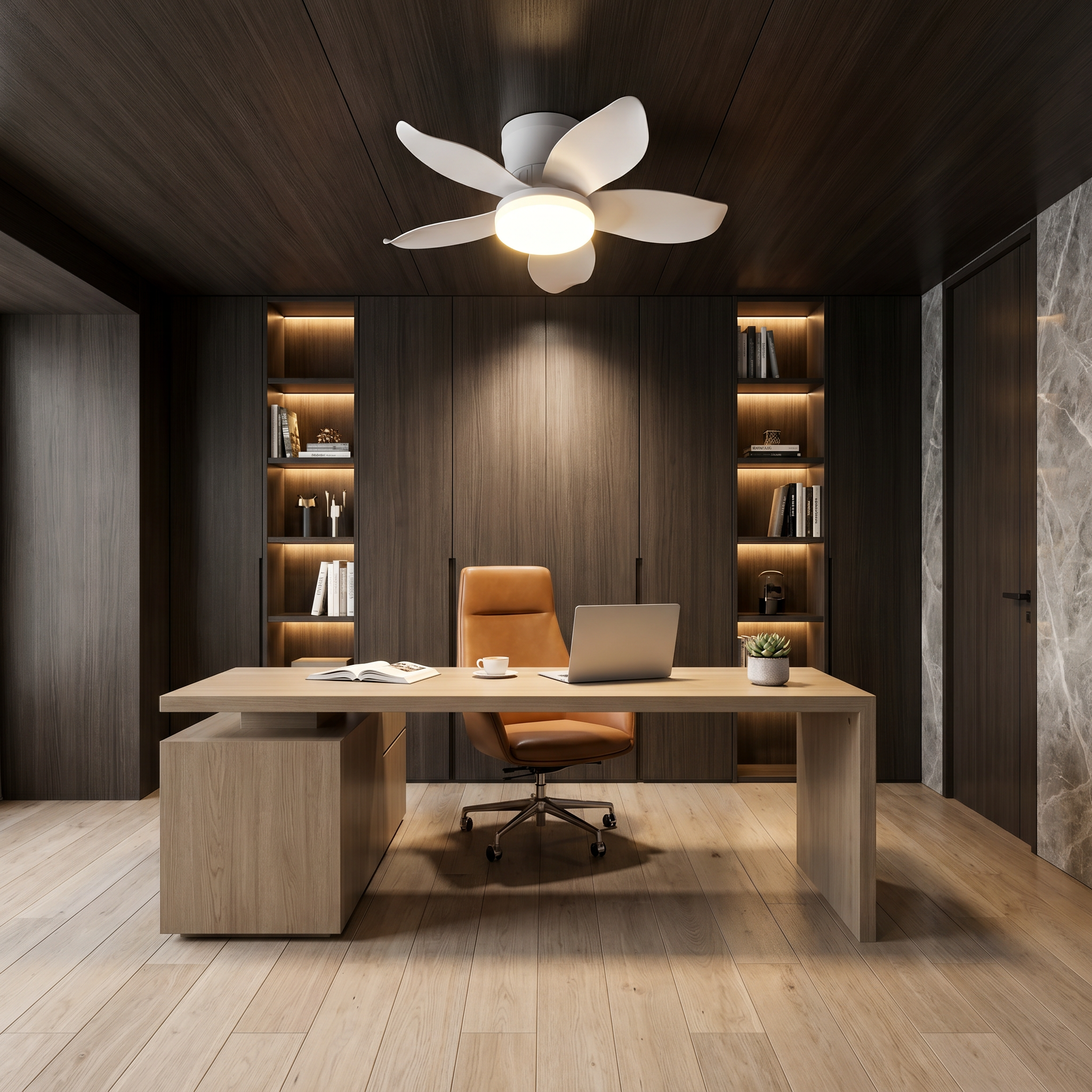 Natural wood ABS 5 blade dimmable LED ceiling fan light at three-quarter angle on balcony in 36 inch size with lit soft acrylic lampshade