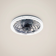 Dark green ABS round plastic fan blade ceiling fan light shown at three-quarter angle with LED lit and remote control visible