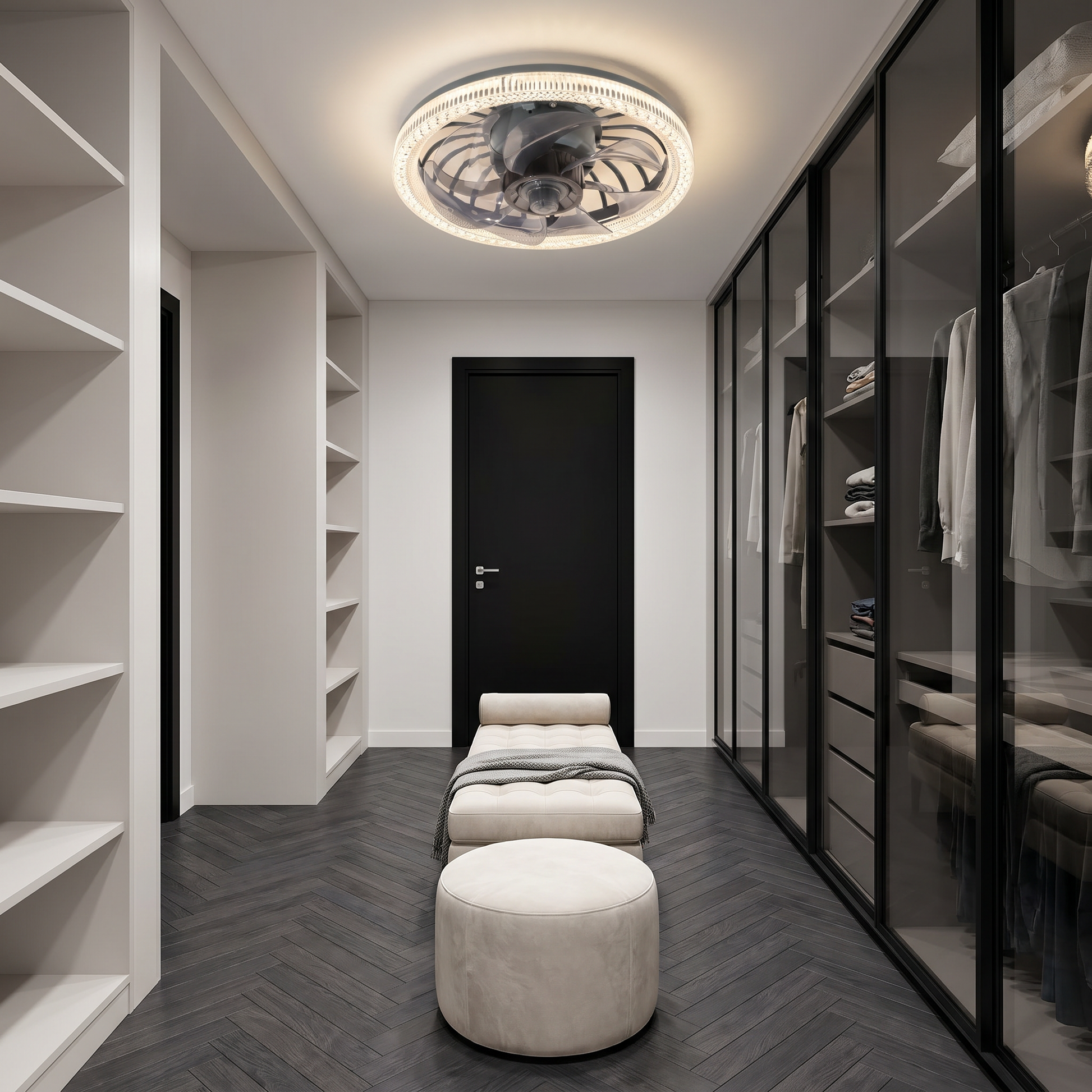 White ABS round plastic fan blade ceiling fan light glowing with LED lit in ambient bedroom scene showing modern minimalist lifestyle
