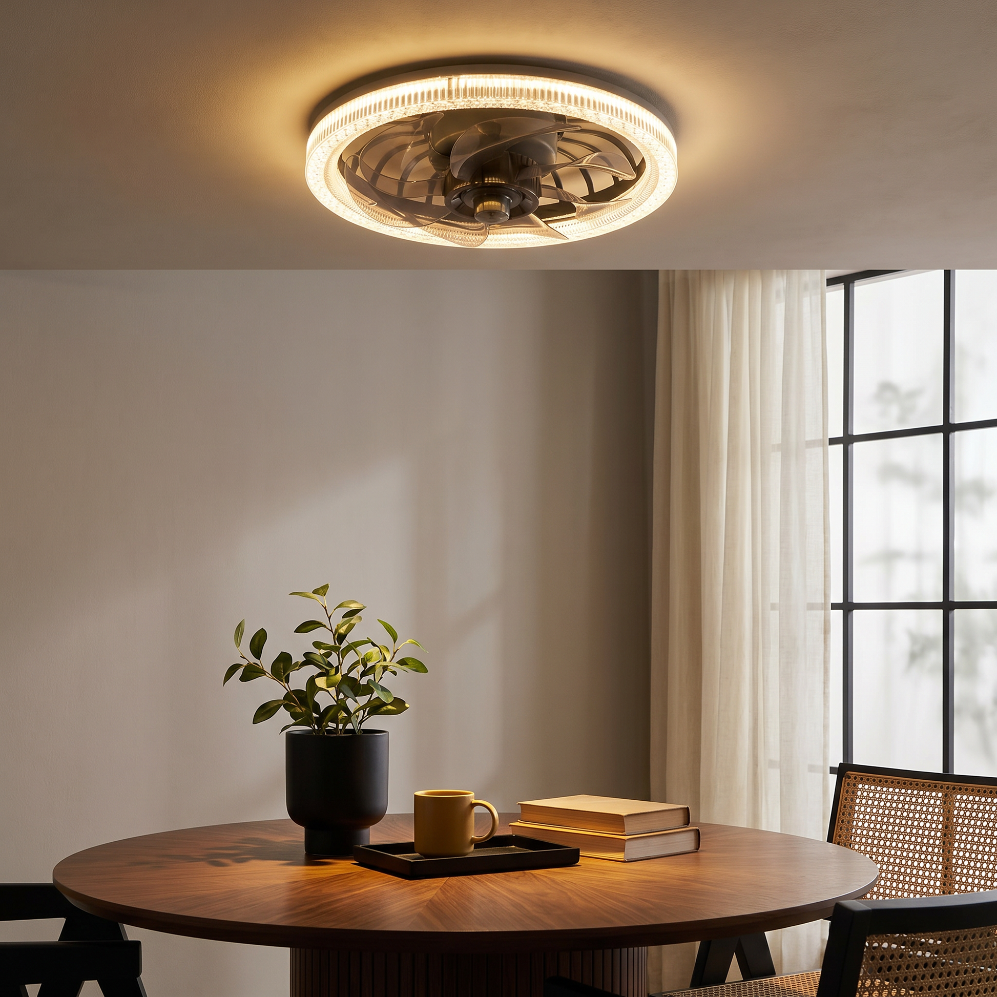 White ABS round plastic fan blade ceiling fan light glowing with LED lit in ambient dining room scene with modern minimalist decor