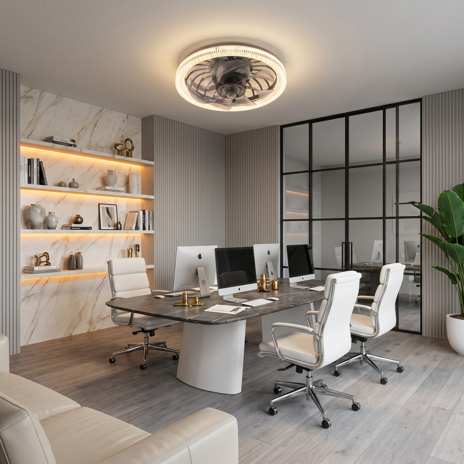 White ABS round plastic fan blade ceiling fan light glowing with LED lit in ambient home office scene with modern minimalist style