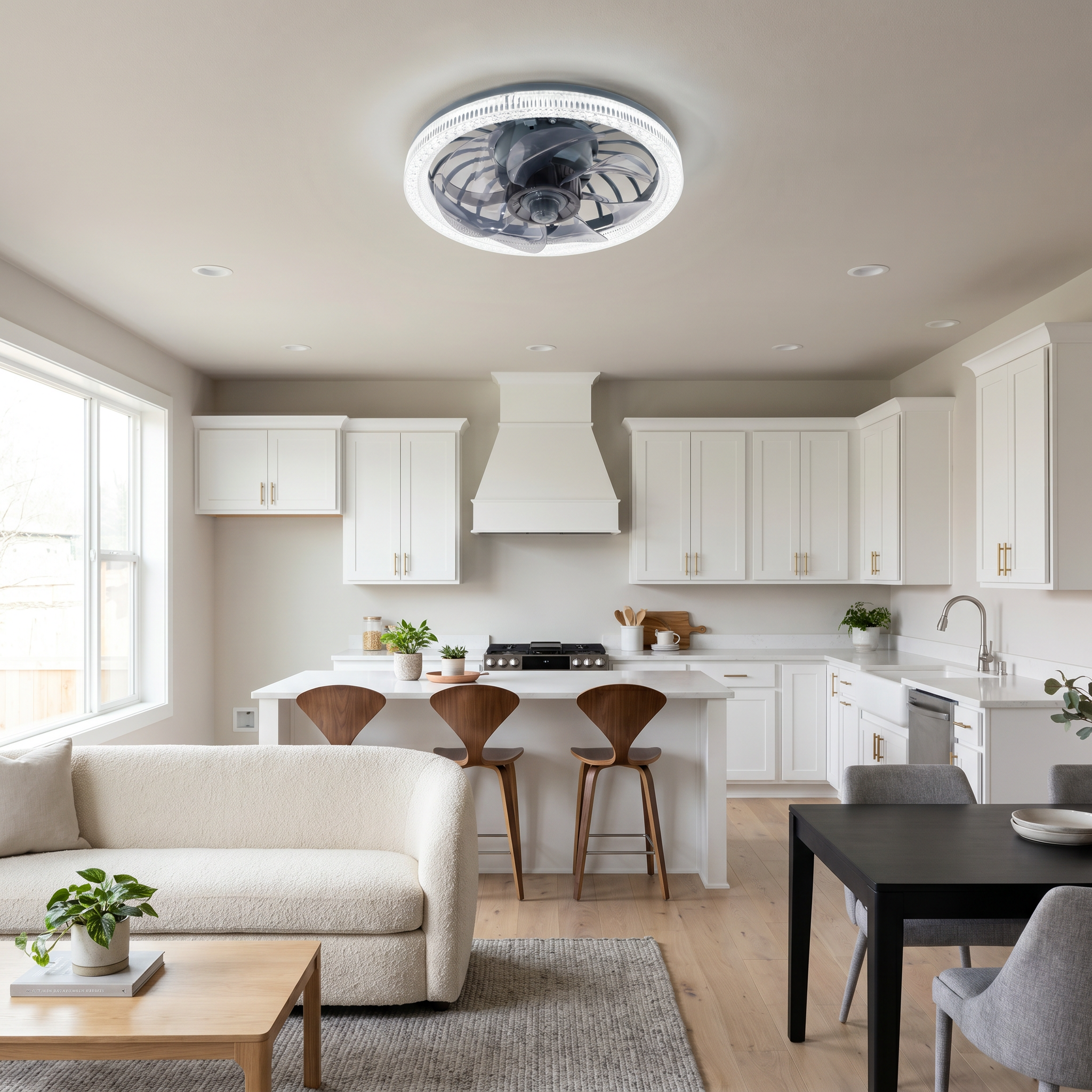 White ABS round plastic fan blade ceiling fan light glowing with LED lit in ambient kitchen scene showing modern minimalist lifestyle