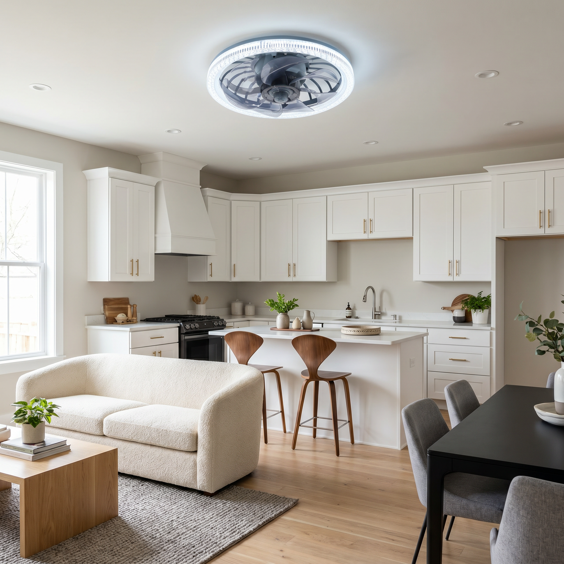 White ABS round plastic fan blade ceiling fan light shown front view glowing with LED lit mounted on bedroom ceiling