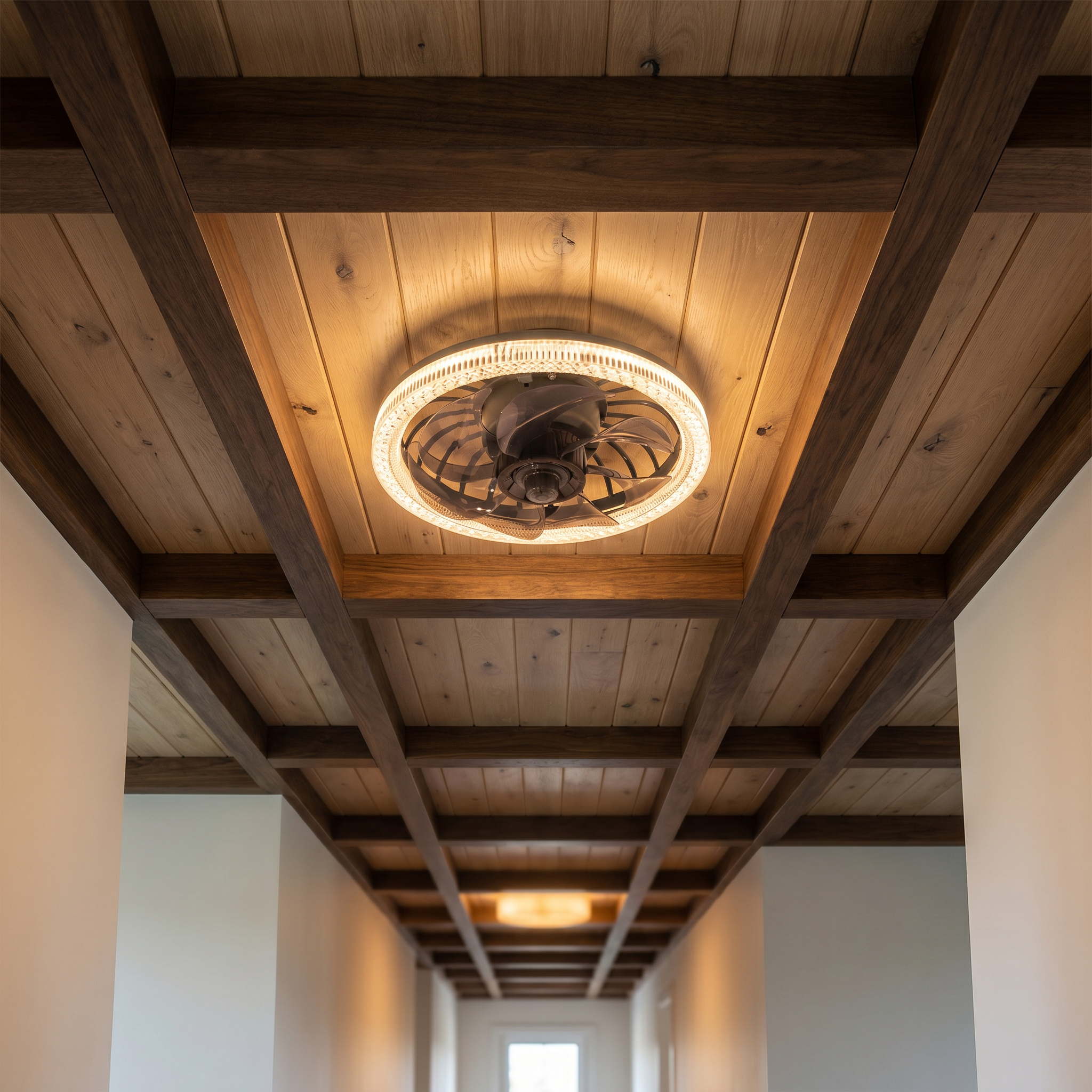 White ABS round plastic fan blade ceiling fan light shown top-down glowing with LED lit mounted on hallway ceiling in minimalist interior