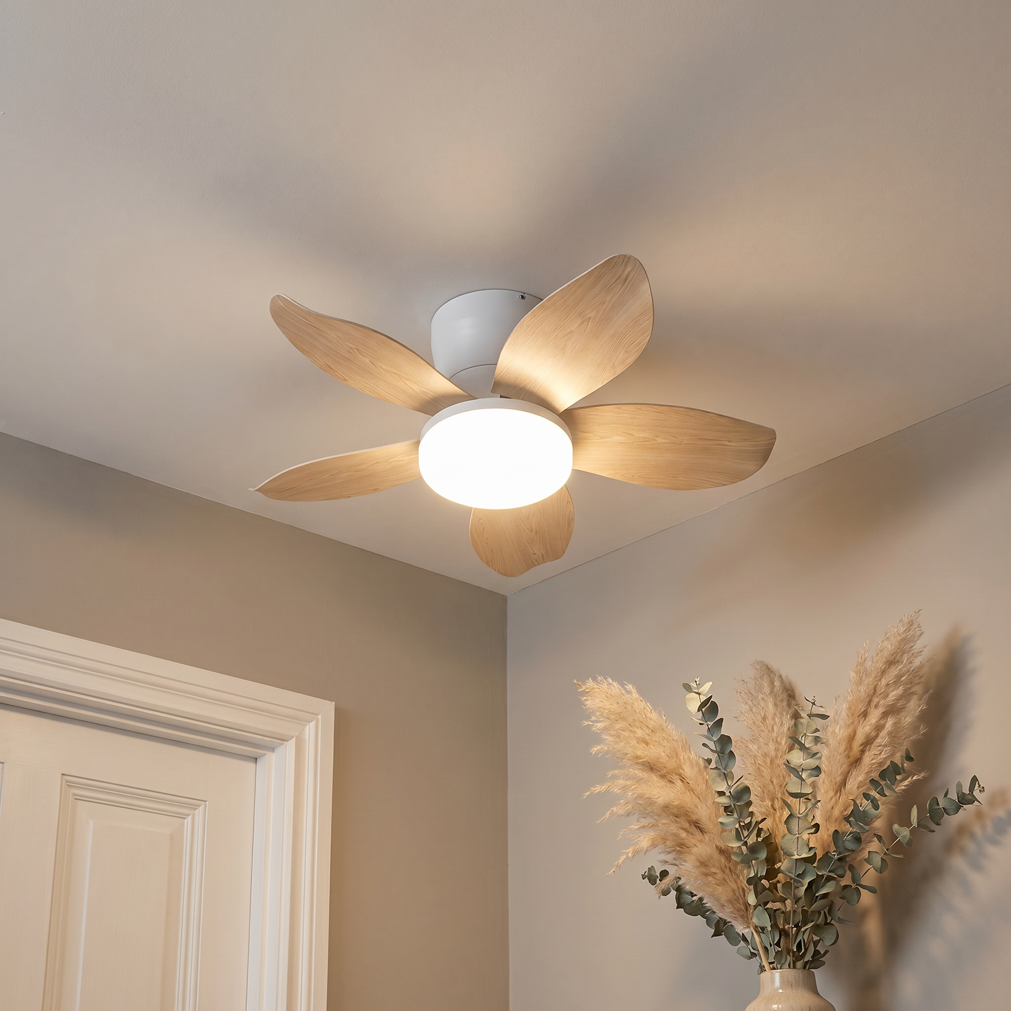 White ABS 5 blade dimmable LED ceiling fan light ambient room lifestyle in bedroom 42 inch size with dimmed soft acrylic lampshade