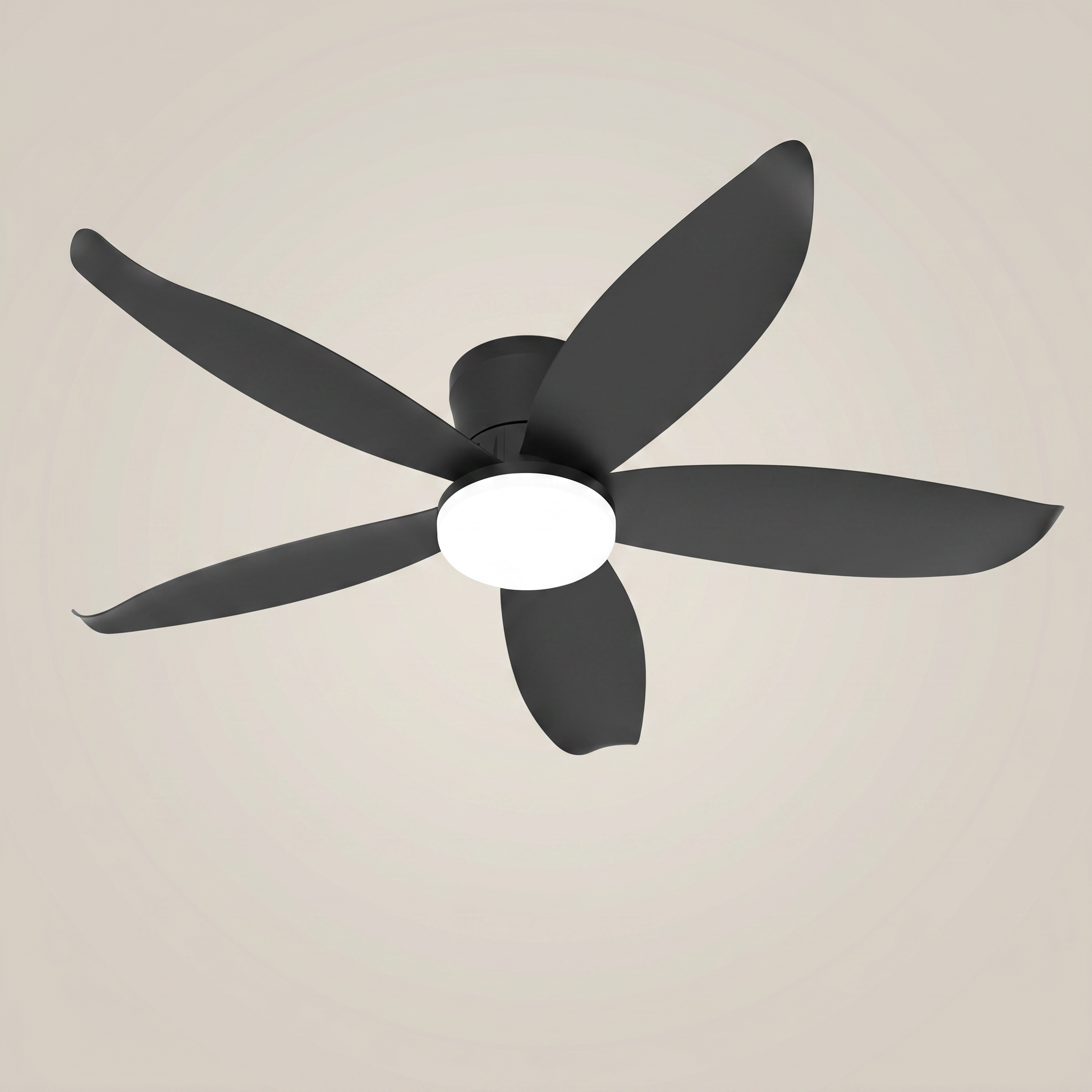 Detail shot of white ABS 5 blade dimmable LED ceiling fan light showing soft acrylic lampshade and ABS blade edge in 25 inch size