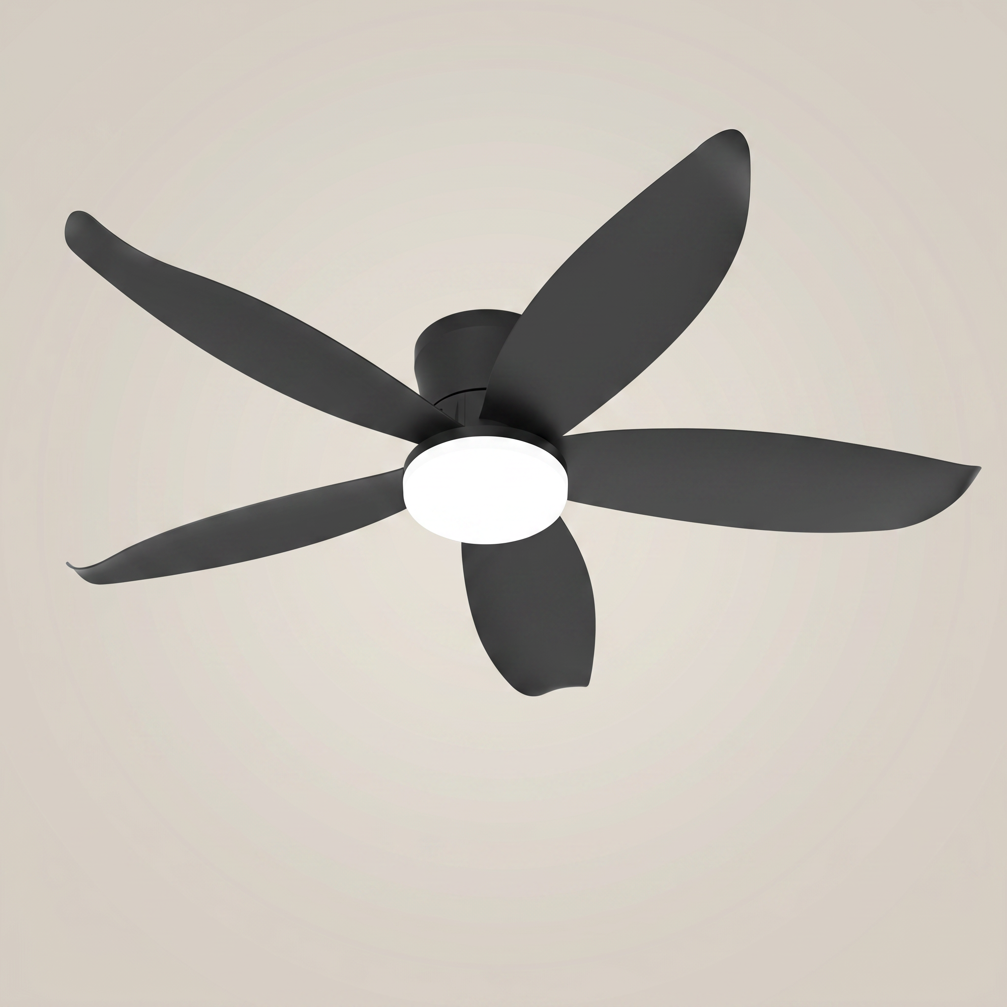 Detail shot of white ABS 5 blade dimmable LED ceiling fan light showing soft acrylic lampshade and ABS blade edge in 25 inch size