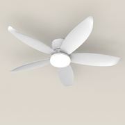 White ABS 5 blade dimmable LED ceiling fan light shown front view in 25 inch size with soft acrylic lampshade and eye-protection light