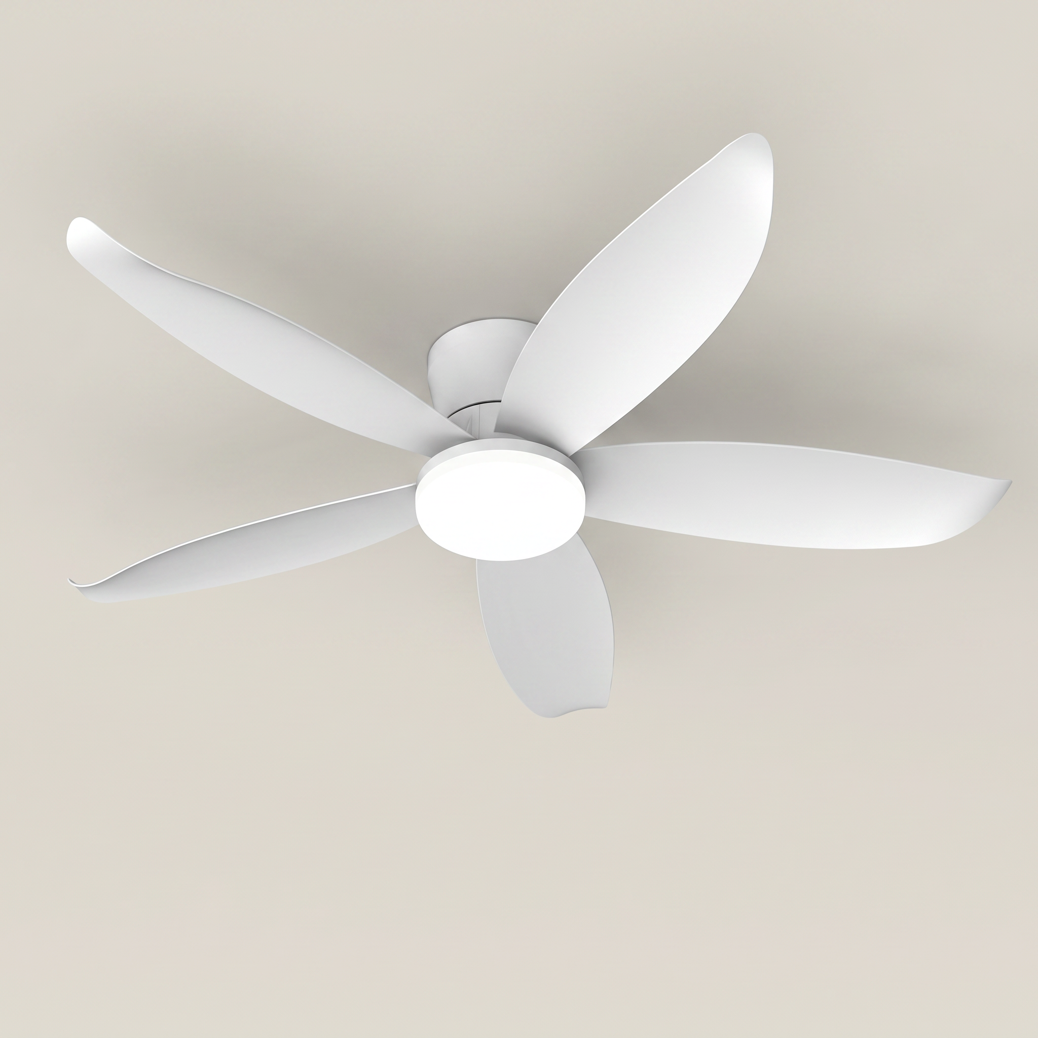 White ABS 5 blade dimmable LED ceiling fan light shown front view in 25 inch size with soft acrylic lampshade and eye-protection light