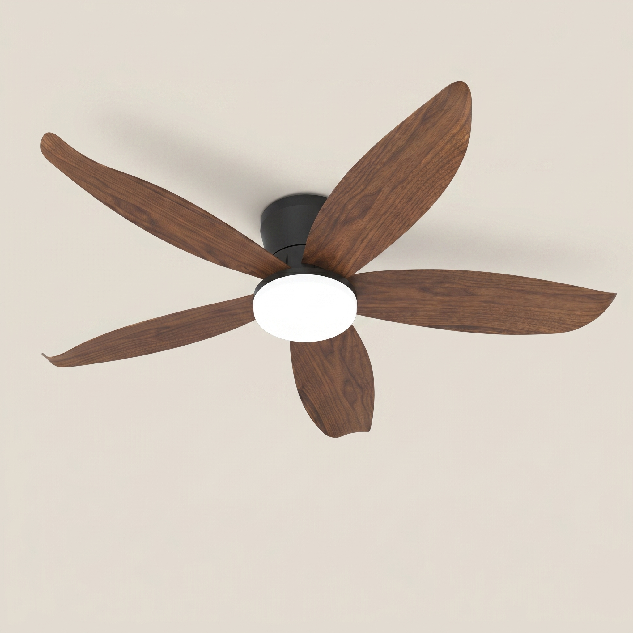 White ABS 5 blade dimmable LED ceiling fan light three-quarter angle ambient bedroom scene in 42 inch size with lit soft acrylic lampshade