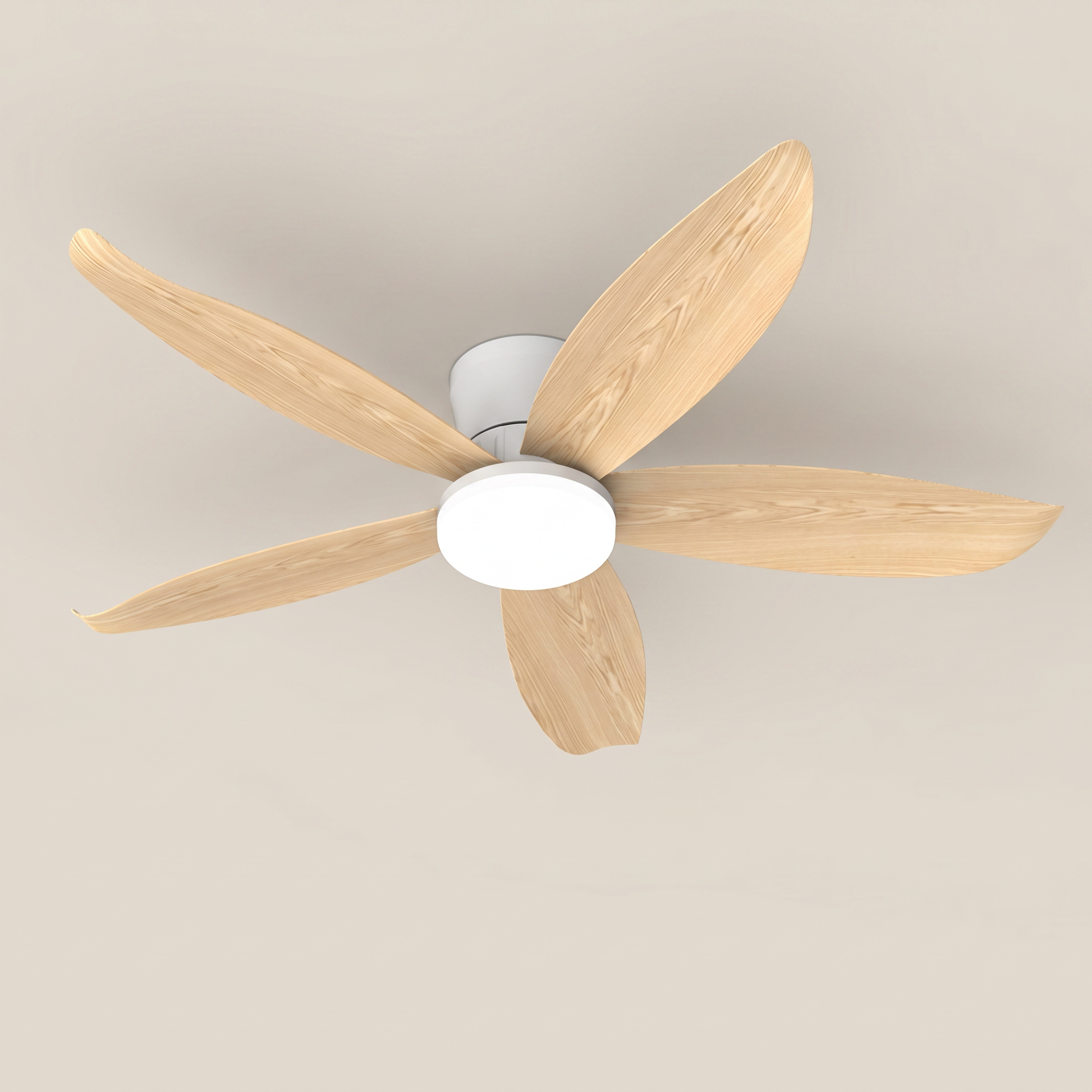 Top-down view of white ABS 5 blade dimmable LED ceiling fan light in 42 inch size with lit soft acrylic lampshade and widened blades