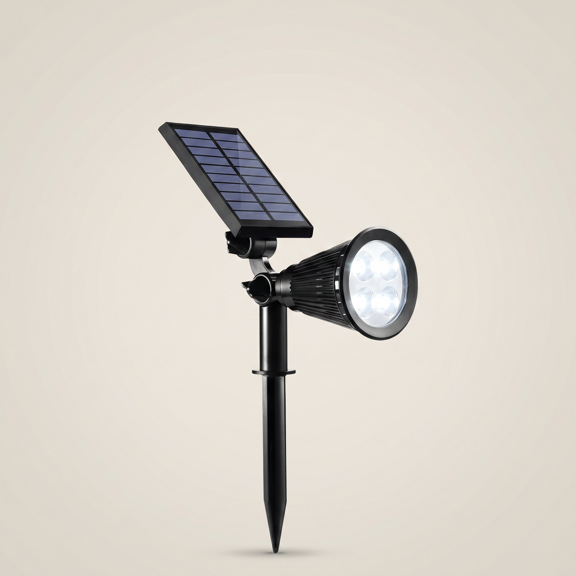ABS White Adjustable Solar 7-Light Outdoor Tree Spotlight shown front view with cool white LEDs and polycrystalline solar panel